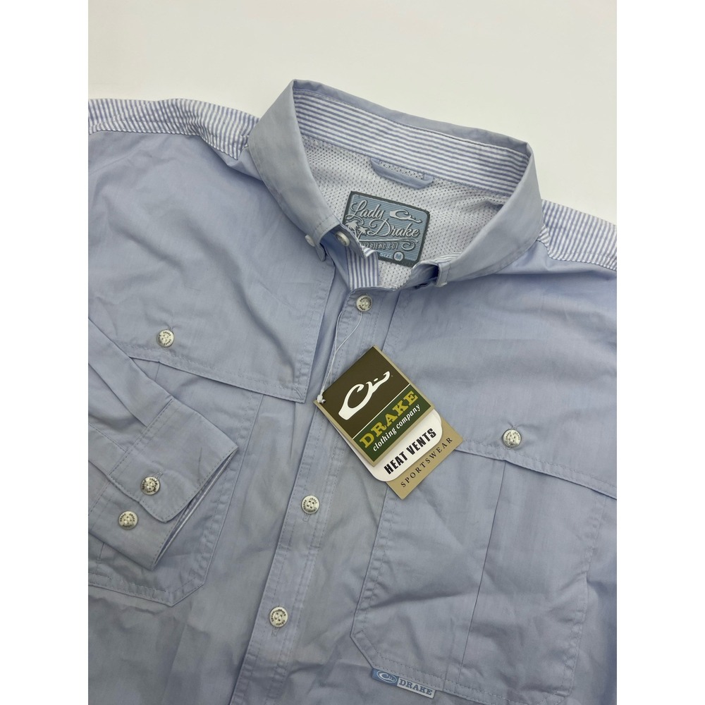 Lady Drake Shirt Womens M Blue Button Up Boyfriend Cut Vented Fishing Hiking NWT
